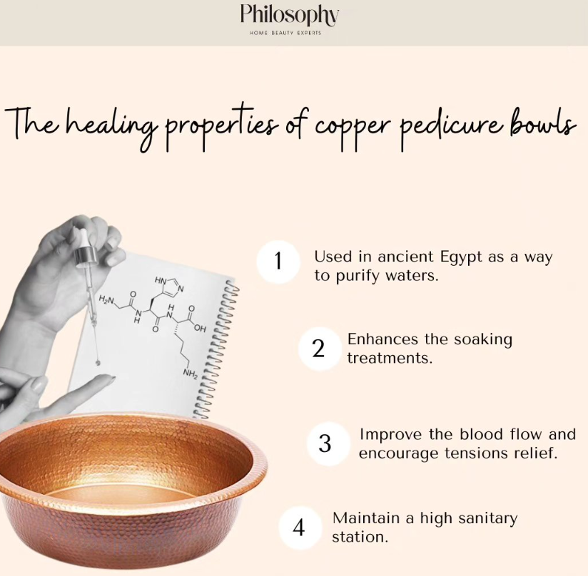 Hammered copper pedicure bowl used by Philosophy Beauty