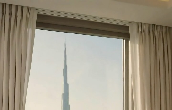 Hotel room in Dubai with a view of the Burj Khalifa
